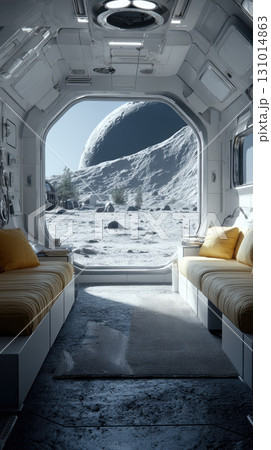 Futuristic lunar colony habitat interior with sterile white walls, cozy yellow bedding 131014863