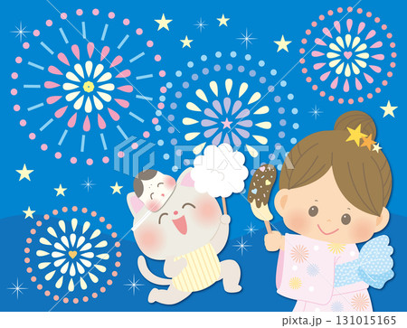 夏_花火とチョコバナナを持つ女の子_綿菓子を持つねこのイラスト 131015165