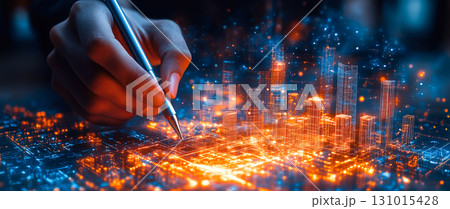 An architect brings architectural designs to life with 3D holographic construction models. The concept of innovation in architecture and futuristic design. Generative Ai. 131015428