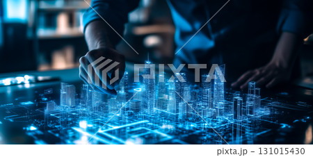 An architect brings architectural designs to life with 3D holographic construction models. The concept of innovation in architecture and futuristic design. Generative Ai. 131015430