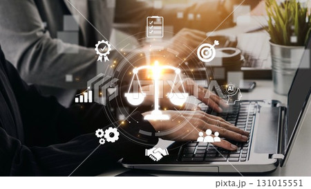 Digital law interface displaying justice scale, highlighting digital law Muxer 131015551