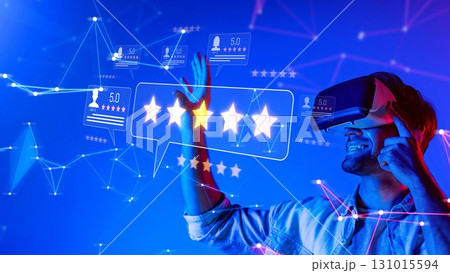 Person wearing virtual reality headset interacting with digital interface displaying star ratings and user reviews in futuristic environment. Raster Person wearing virtual reality headset interacting with digital interface displaying star ratings and user reviews in futuristic environment. Raster 131015594
