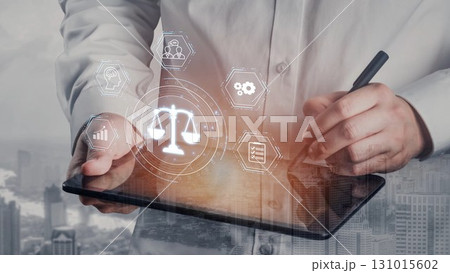 Digital law interface displaying justice scale, highlighting digital law Muxer 131015602
