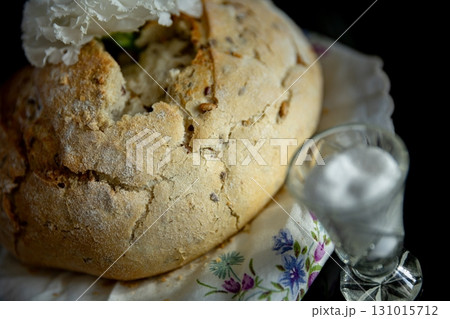 Delicious and Homemade Bread Featuring Decorative Cream and Sweet Sugar for Flavor Delicious and Homemade Bread Featuring Decorative Cream and Sweet Sugar for Flavor 131015712