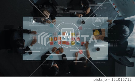 Team Collaboration in a Modern Office Setting with AI Integration and Digital Technology on Display, Focus on Brainstorming and Strategy Development. Raster 131015713