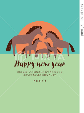 馬の親子5頭を描いた2026年午年年賀状用ベクターイラスト 馬の親子5頭を描いた2026年午年年賀状用ベクターイラスト 131015775