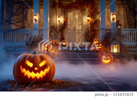 A spooky Halloween scene featuring glowing Jackolanterns to create an eerie atmosphere 131015815