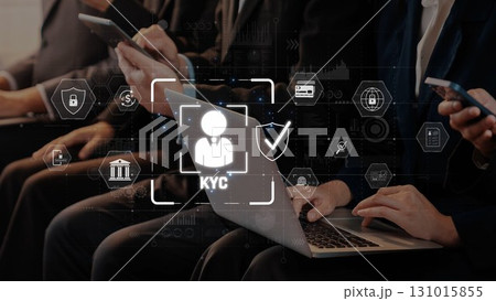 Digital security and compliance in financial services, showcasing KYC process with technology, working professionals engaged in data verification and customer identity. Raster Digital security and compliance in financial services, showcasing KYC process with technology, working professionals engaged in data verification and customer identity. Raster 131015855