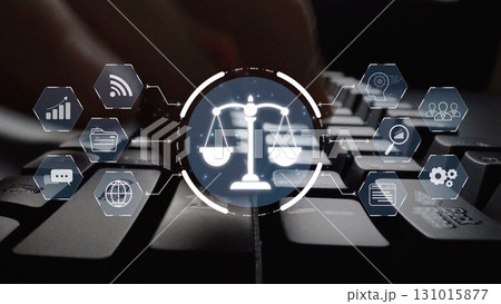 Digital law interface displaying justice scale, highlighting digital law Muxer Digital law interface displaying justice scale, highlighting digital law Muxer 131015877