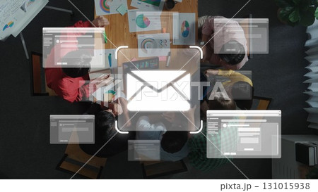 Collaborative Team Meeting on Digital Marketing Strategies with Email Icons and Analysis Charts Overhead View. Raster 131015938