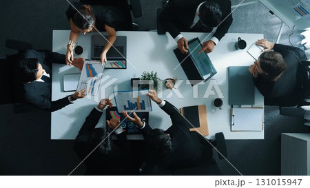 Top down view businessman present statistic graph to investor. Directorate. 131015947