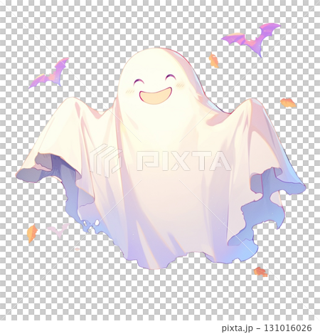 [萬聖節]微笑的幽靈和紫色蝙蝠的插圖 131016026