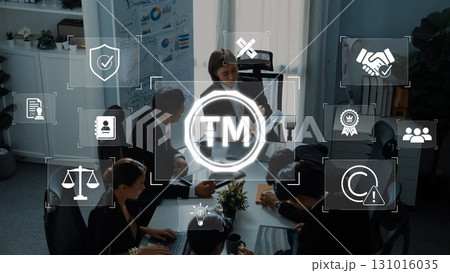 Business Meeting with Intellectual Property Icons in Modern Office Environment, Emphasizing Collaboration and Strategy in Professional Context. Raster Business Meeting with Intellectual Property Icons in Modern Office Environment, Emphasizing Collaboration and Strategy in Professional Context. Raster 131016035