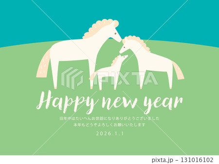 白馬の親子3頭を描いた2026年午年年賀状用ベクターイラスト 131016102