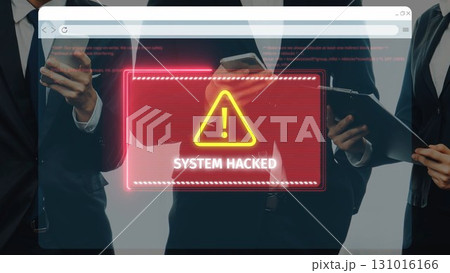 Business Professionals in Suits with Mobile Devices, Displaying Alert Message of Hacked System on Screen in Modern Office Environment. Raster Business Professionals in Suits with Mobile Devices, Displaying Alert Message of Hacked System on Screen in Modern Office Environment. Raster 131016166