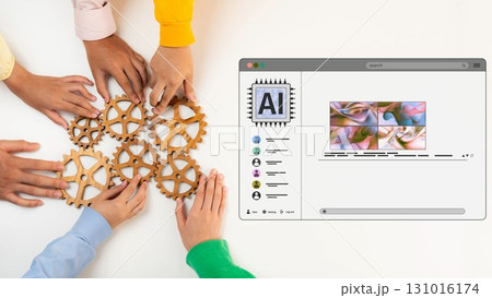 Diverse Hands Collaborating with Gears Representing Teamwork and Innovation in Artificial Intelligence and Technology Development. Raster 131016174