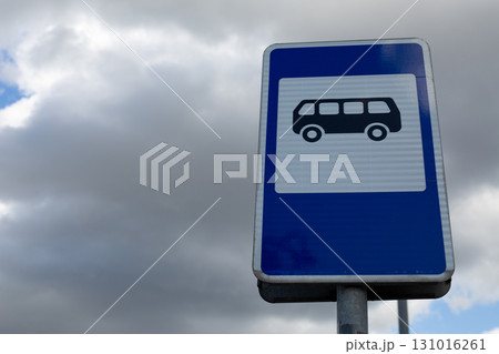 Road sign indicating bus stop with clear illustration of bus. Sign is common part of urban transportation systems, helping guide commuters to designated stops for public transit services 131016261