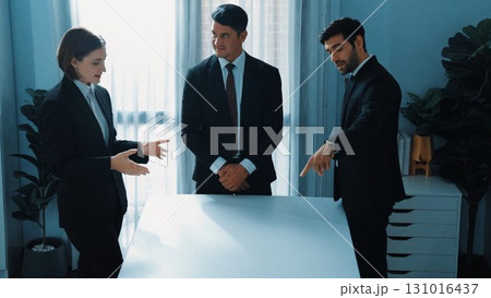 Skilled business team talking while manager making handshaking. Directorate. 131016437