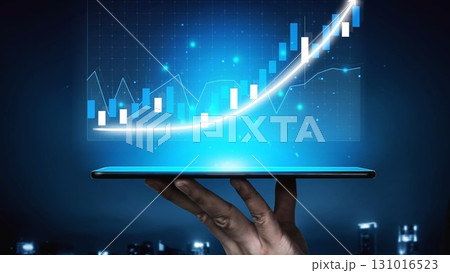 Hand Holding Tablet with Digital Chart Displaying Growth and Progress in Technology and Business Against a Futuristic City Background Copula 131016523