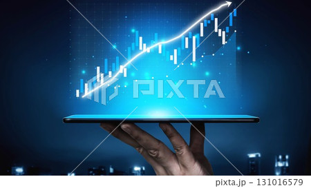 Hand Holding Tablet with Graph Rising to Indicate Financial Growth and Success in Digital Business Environment with a Night City Background Copula Hand Holding Tablet with Graph Rising to Indicate Financial Growth and Success in Digital Business Environment with a Night City Background Copula 131016579