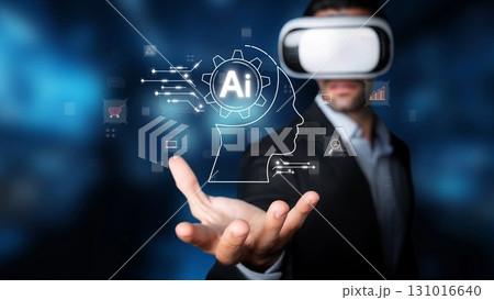 Innovative Virtual Reality Experience with Artificial Intelligence Concept Displayed by a Businessman in a Professional Environment. Raster 131016640