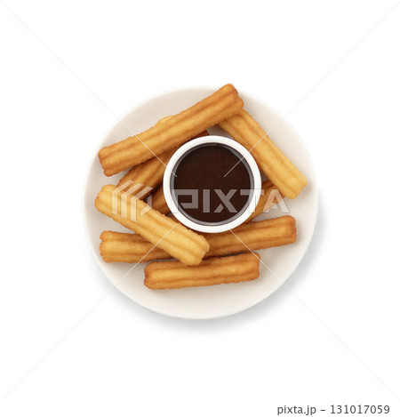 Churros - Fried dough pastries dusted with cinnamon sugar, often served with a sweet chocolate dipping sauce, offering a warm, 131017059