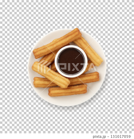 Churros - Fried dough pastries dusted with cinnamon sugar, often served with a sweet chocolate dipping sauce, offering a warm, 131017059