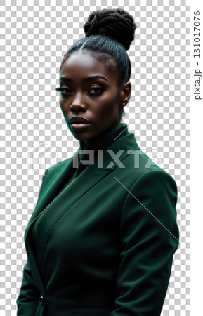 A powerful Black female CEO in a sleek dark green suit, standing confidently in front of glowing holographic financial projections 131017076