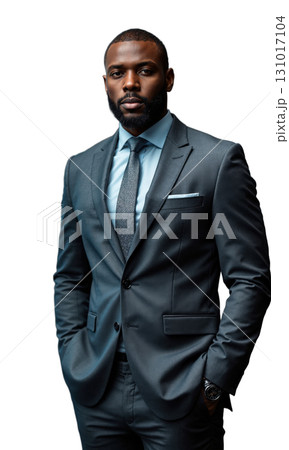 A Black male executive in a sleek grey suit, standing in front of a backdrop of digital data and stock 131017104