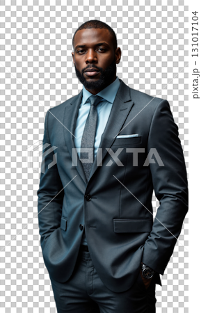 A Black male executive in a sleek grey suit, standing in front of a backdrop of digital data and stock 131017104