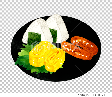 一組飯糰、玉子燒(煎蛋捲)和香腸。手繪水彩插圖。 一組飯糰、玉子燒(煎蛋捲)和香腸。手繪水彩插圖。 131017162