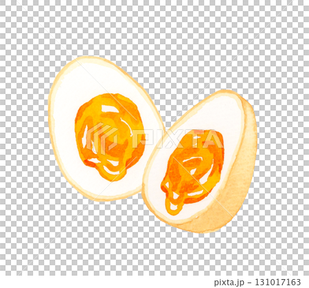 Half-cooked boiled egg (seasoned egg) cut in half. Hand-drawn watercolor illustration of egg dishes. 131017163