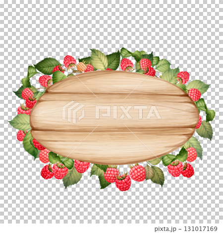 Hand-drawn illustration of rustic wooden sign surrounded by raspberries and green leaves. 131017169