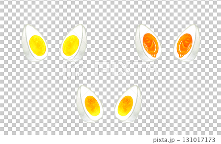 A set of boiled eggs cut in half. Hand-drawn watercolor illustration of egg dishes. 131017173