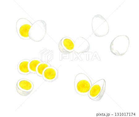 固茹でのゆで卵のセット　卵料理の手描き水彩イラスト素材 131017174