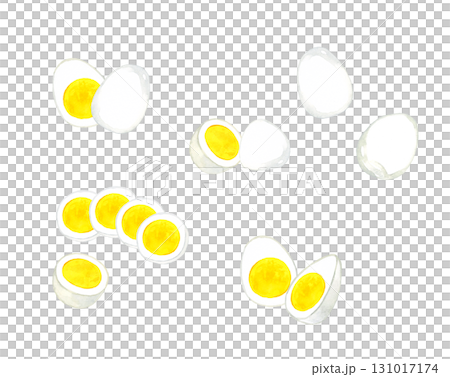 固茹でのゆで卵のセット　卵料理の手描き水彩イラスト素材 131017174