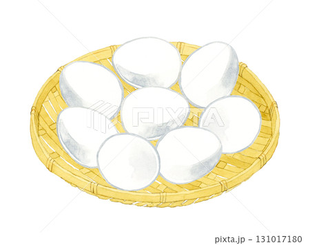 竹ざるに乗った白色の鶏卵　卵料理の手描き水彩イラスト素材 131017180