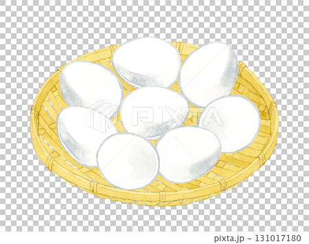 竹ざるに乗った白色の鶏卵　卵料理の手描き水彩イラスト素材 131017180