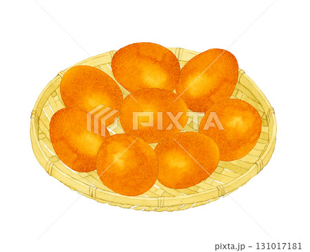 竹ざるに乗った赤玉　卵料理の手描き水彩イラスト素材 131017181