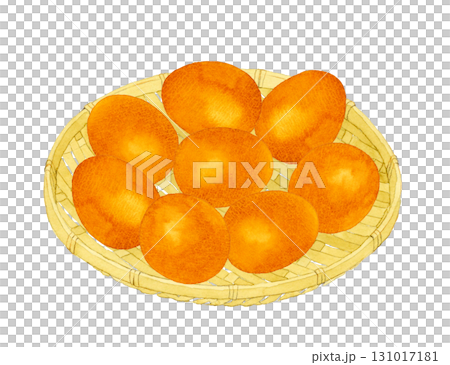 竹ざるに乗った赤玉　卵料理の手描き水彩イラスト素材 131017181