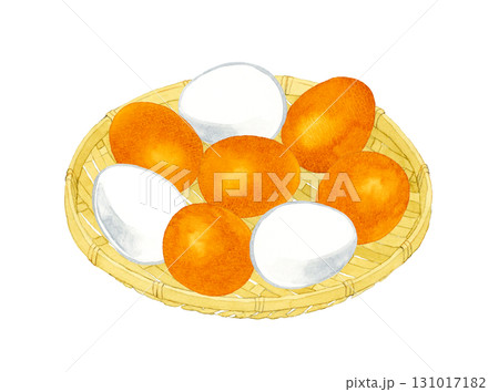 赤玉＆白色の鶏卵のセット　卵料理の手描き水彩イラスト素材 131017182