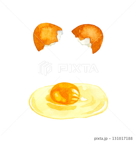 殻を割った赤玉（生卵）　卵料理の手描き水彩イラスト素材 131017188