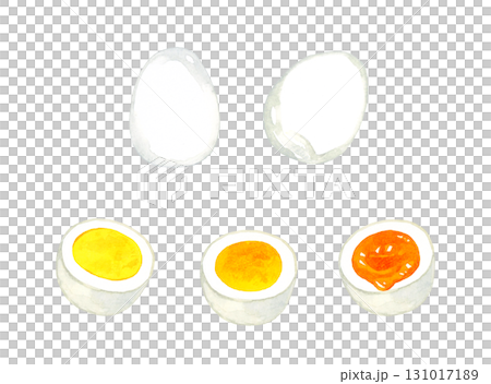 A set of boiled eggs cut in half. Hand-drawn watercolor illustration of egg dishes. 131017189