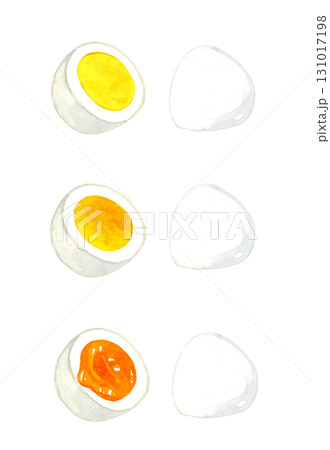 半分に切ったゆで卵のセット　卵料理の手描き水彩イラスト素材 131017198