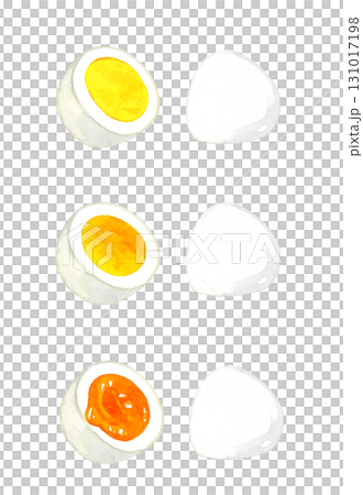 一組切成兩半的水煮蛋。手繪水彩畫，描繪蛋料理。 131017198