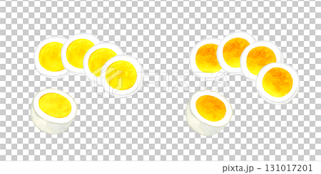 A set of sliced boiled eggs. Hand-drawn watercolor illustration of egg dishes. A set of sliced boiled eggs. Hand-drawn watercolor illustration of egg dishes. 131017201