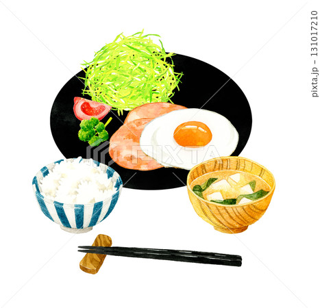 ハムエッグ（目玉焼き）とご飯・お味噌汁のセット　卵料理の手描き水彩イラスト素材 131017210