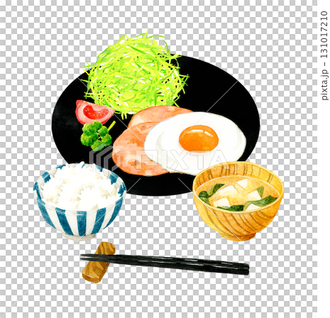 Ham and eggs (fried egg), rice, and miso soup set. Hand-drawn watercolor illustration of egg dishes. 131017210