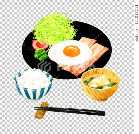 培根蛋（蛋餅）、米飯、味噌湯套餐。手繪水彩畫，描繪蛋料理。 131017211