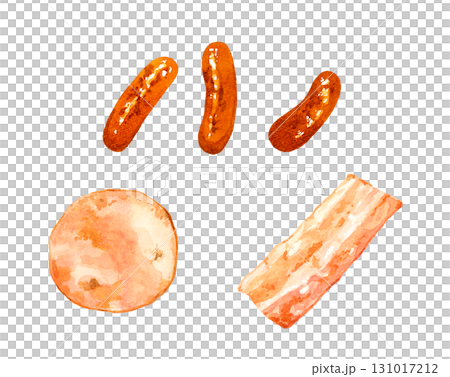 一套烤香腸、火腿和培根。手繪水彩插圖。 131017212